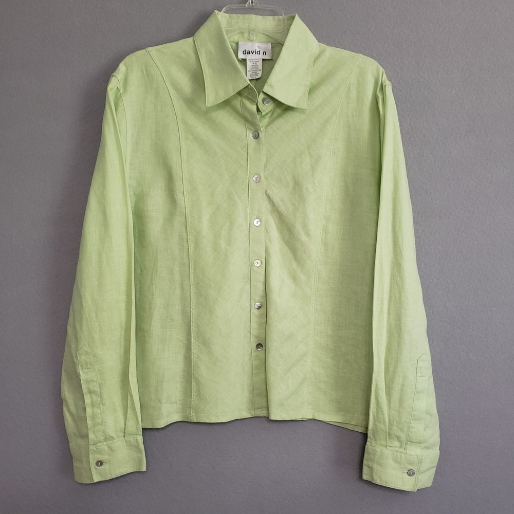 david n XL Hanky Linen Button Down Shirt Green Long Sleeve Lagenlook Minimalist